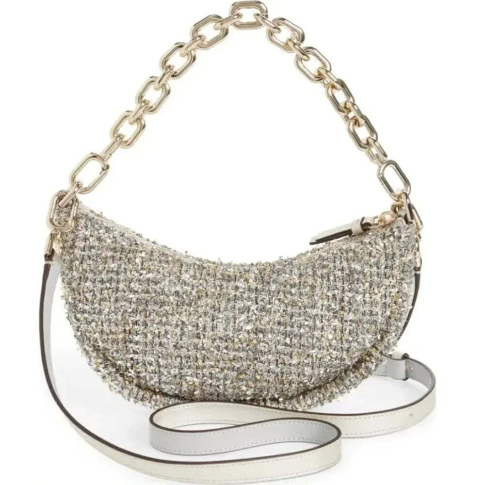 Kate Spade Smile Small Crossbody Silver Tweed Metallic Leather Chain Top Handle - Picture 12 of 12